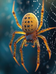 Fototapeta premium Dew-kissed spider suspends delicately on its silk.