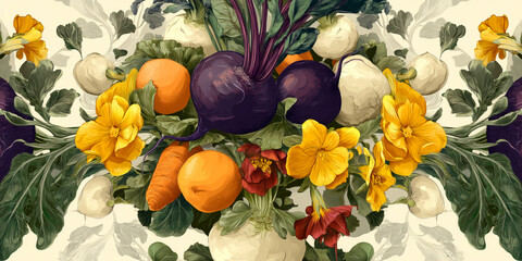Vibrant illustration of beets, turnips, carrots and oranges nestled amongst yellow and red flowers showcasing harvest bounty symbolizing abundance and natural beauty, ideal for food or seasonal design