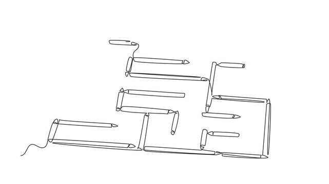 Animated self drawing of single one line drawing maze made of colored pencils. Brain training game to find a way out. Pleasant. Problem solver. Educational. World Labyrinth Day. Full length animation