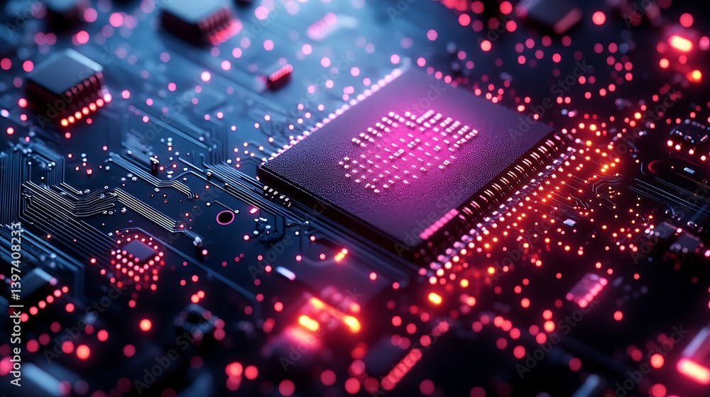 Poster futuristic close-up of a digital circuit board featuring vibrant pink and blue led lights illuminati