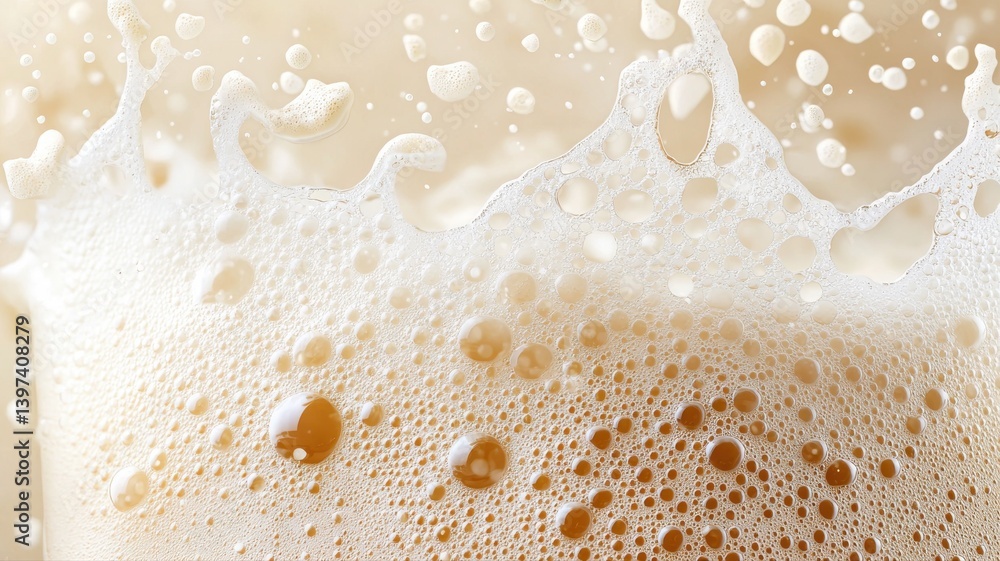 Poster close-up of frothy beer head, capturing bubbles in a refreshing and detailed macro view.