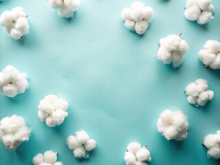 Minimalist product shot: soft, light blue background, cloud frame, blank space showcasing cotton's texture.