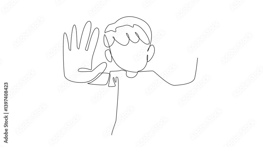 Poster animated self drawing of single continuous line drawing the boy raised both his hands and pointed th