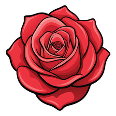 Cartoon Style Red Rose Blossom with Detailed Petals and Bold Black Outlines on White