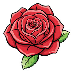 Cartoon Style Red Rose Flower Bloom with Green Leaves on a White Background Design