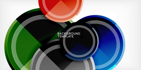 Obraz premium Abstract circles overlap, creating vibrant color scheme. Green, blue, red, gray tones blend seamlessly. Modern design suitable for backgrounds, templates, presentations.