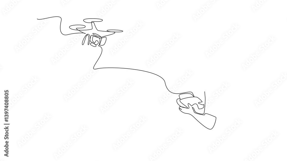 Poster self drawing animation of single continuous line drawing a man in casual clothes controls a drone wi
