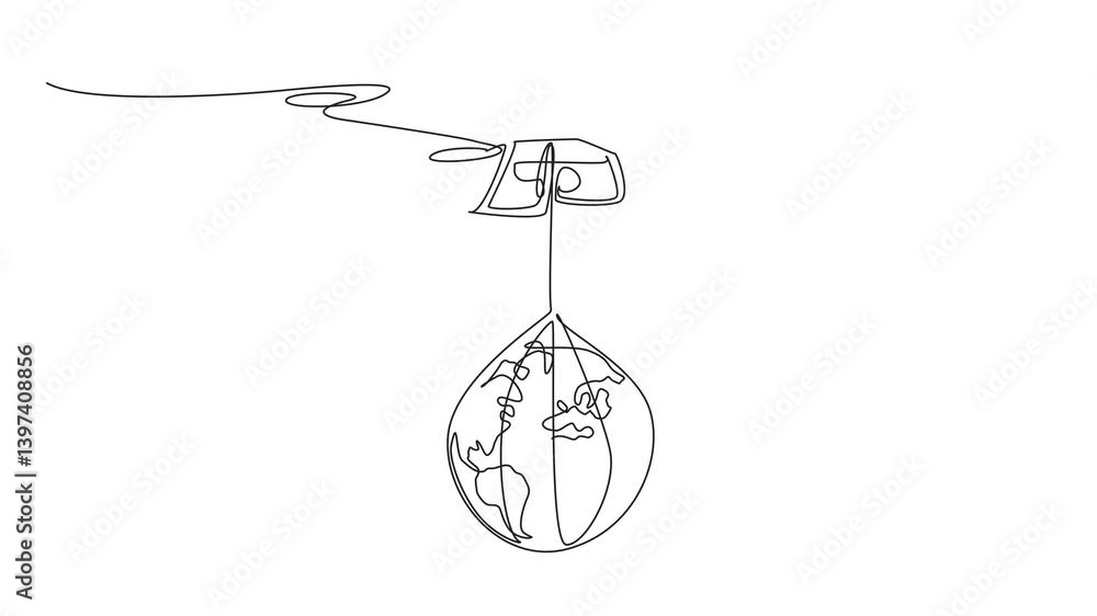 Aufkleber animated self drawing of continuous one line drawing drone carrying globe. definition of technology 