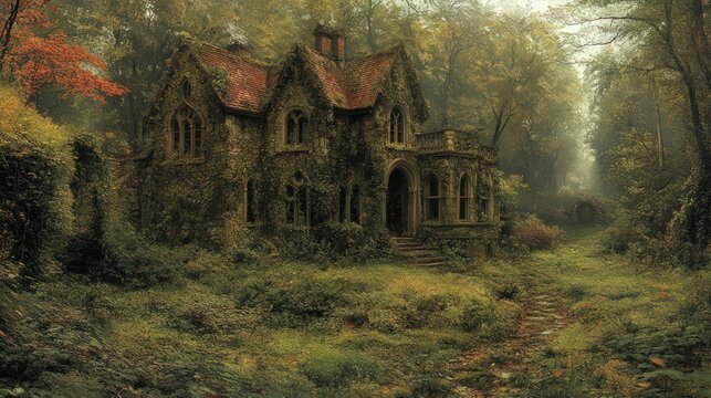 Enchanting ivy-covered cottage in a misty forest.