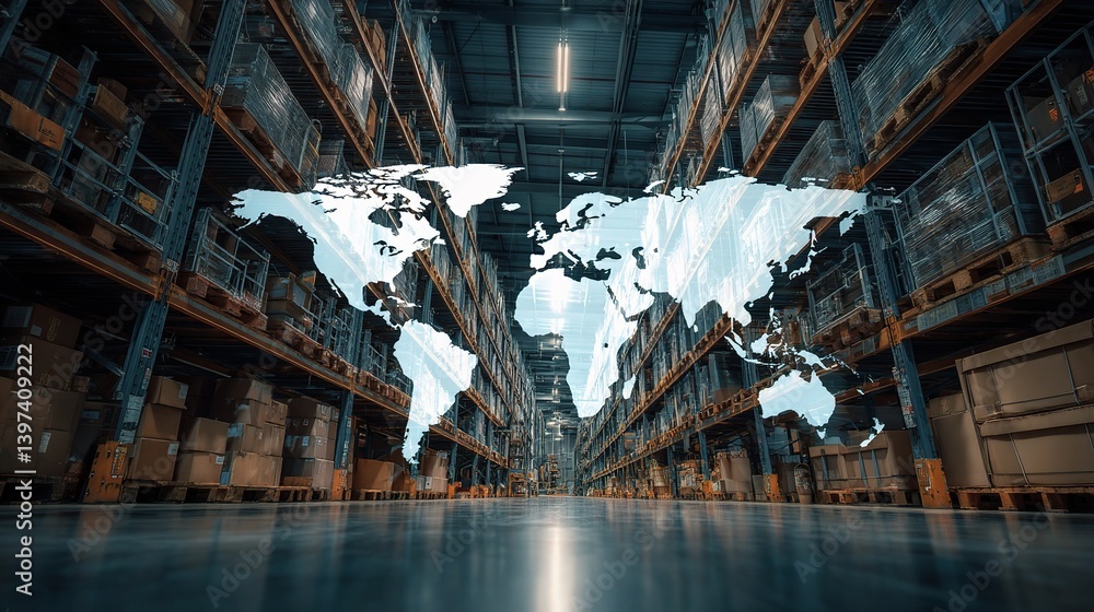 Poster high-tech warehouse logistics system with robotic automation overview