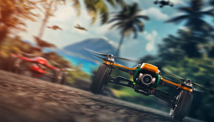 Obraz premium Fast drones racing on tropical road, surrounded by palm trees and scenic beach view. vibrant colors and dynamic motion create exciting atmosphere of competition and adventure