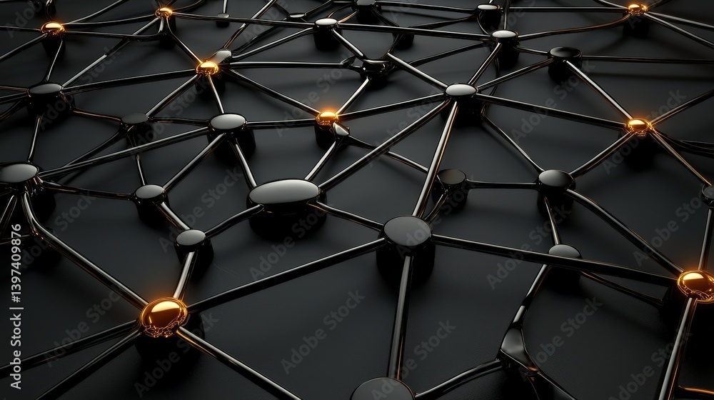Poster an abstract representation of interconnected nodes and lines on a dark background, suggesting themes
