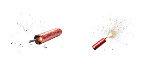 Exploding firecrackers with bright sparks and dynamic action, cut out - stock png