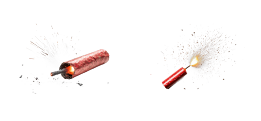 Exploding firecrackers with bright sparks and dynamic action, cut out - stock png