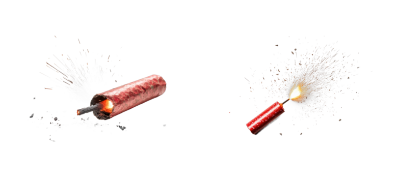 Exploding firecrackers with bright sparks and dynamic action, cut out - stock png