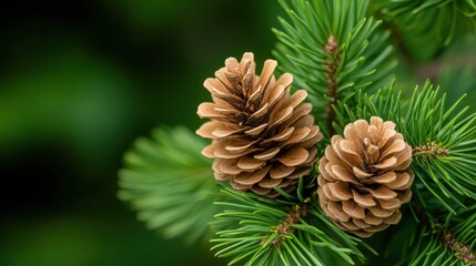 Close-Up Image of Natural Pine Cones on Green Evergreen Branch in Nature Setting