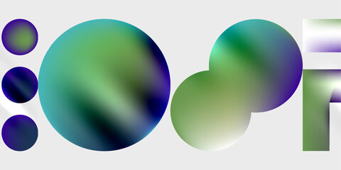 Abstract composition featuring overlapping spheres. Colors transition from deep purple, through green, to pale turquoise. Minimalist design with soft gradients, creating fluid visual effect.