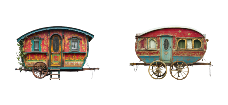 Vintage gypsy caravans with ornate designs and wooden wheels, cut out - stock png