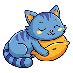 Cartoonish LightBlue Cat Hugging Yellow Lemon, Sleeping, Striped Tail, Closed Eyes