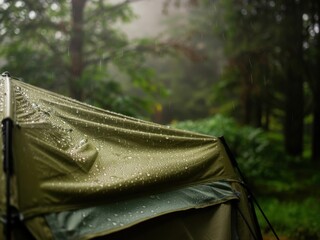 Raindrops shimmer on a camping tent in lush green forest during a peaceful rainy afternoon