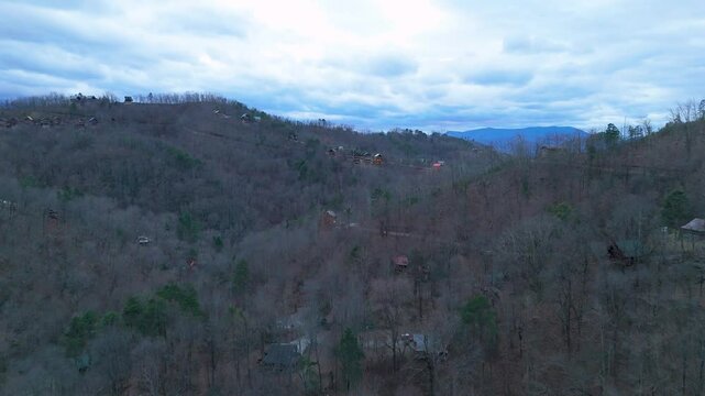 Aerial shot of cabins in the mountains outside of Piegon Forge, TN.