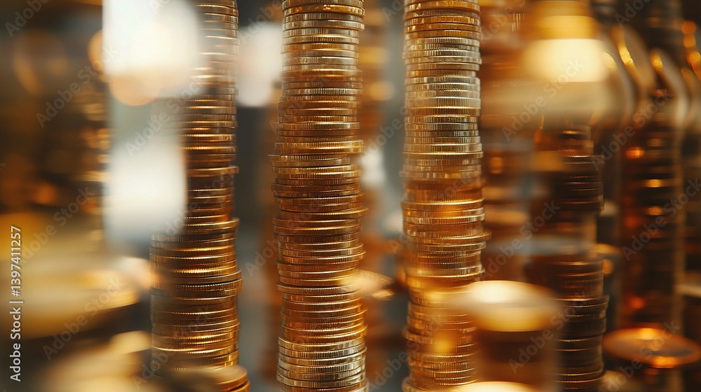 Poster double exposure effect of increasing columns of shiny coins