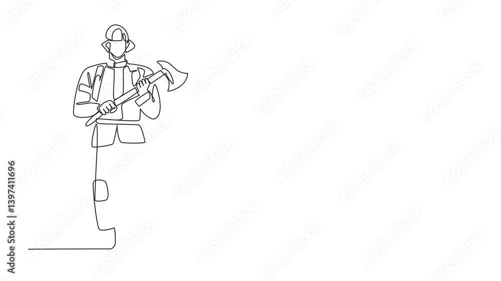 Poster animation of single continuous line drawing firefighter in full uniform walking while carrying an ax