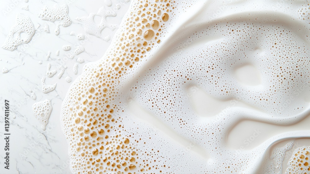 Poster close-up of frothy beverage texture with bubbles on a smooth surface, displaying intricate foam patt