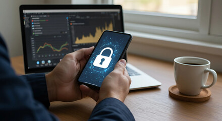 Close-up of hands holding a smartphone displaying a warning sign. A modern safety and alert concept, symbolizing danger, risk, or cybersecurity threats.