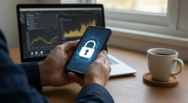 Close-up of hands holding a smartphone displaying a warning sign. A modern safety and alert concept, symbolizing danger, risk, or cybersecurity threats.