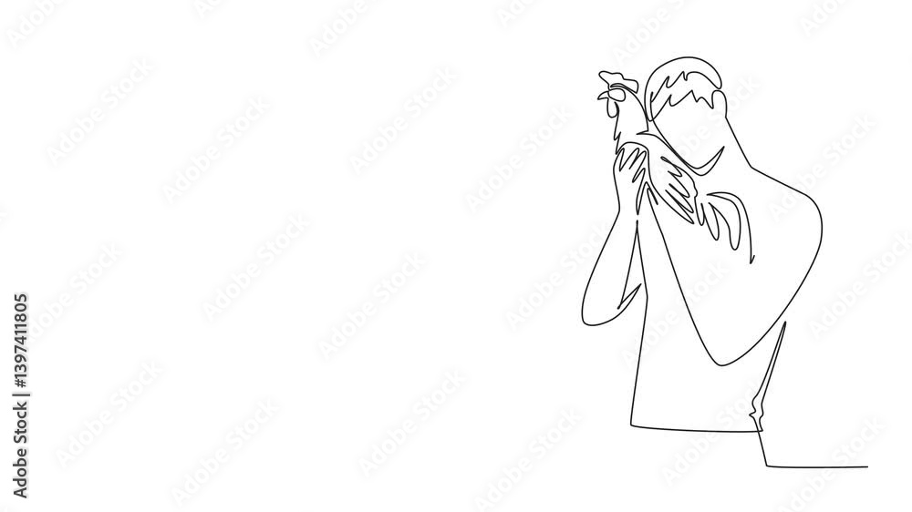 Poster animated self drawing of continuous one line drawing a man hugging a rooster. loving a rooster is li