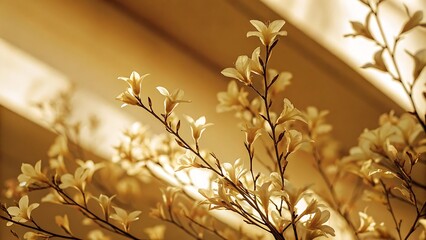 Close up of white flowers on branches with a golden hue and blurred background light