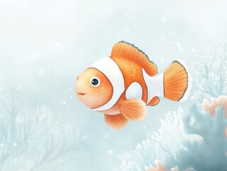 Fototapeta premium Clownfish Swimming Near Coral in Soft Ocean Scene 