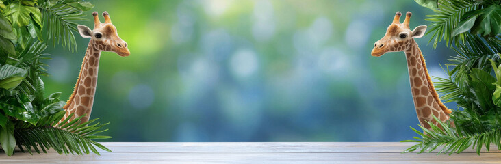 Obraz premium Giraffes peek through lush green foliage, creating playful and vibrant scene. soft bokeh background enhances lively atmosphere, making it perfect for nature lovers