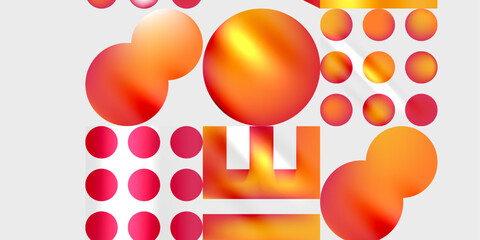 Abstract composition featuring vibrant orange, red spheres, geometric shapes. Minimalist design with gradients, smooth transitions, clean aesthetic. Modern digital art.