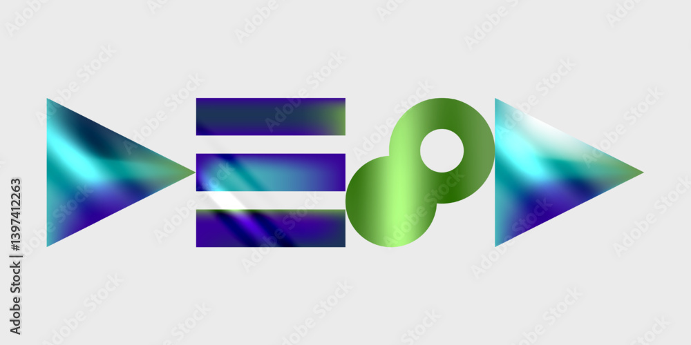 Leinwandbilder Abstract graphic design features vibrant shapes. Arrows, stacked rectangles, sphere create dynamic composition. Colors blendblue, green, purpleon light gray background. Modern, minimalist aesthetic.