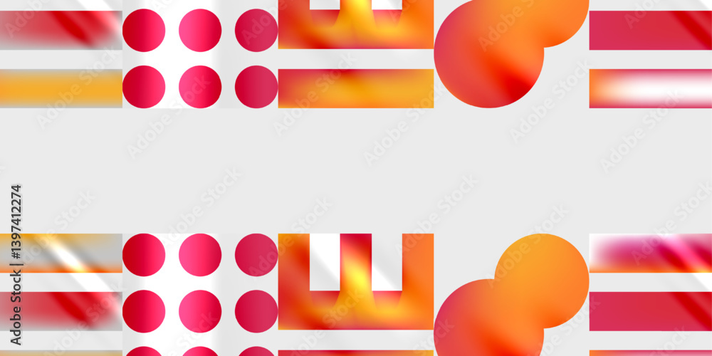 Poster abstract geometric design features vibrant red, orange, yellow shapes. circles, rectangles, lines cr