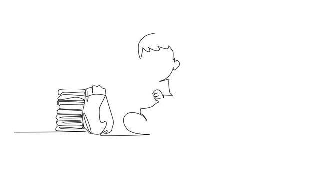 Animation of single continuous line drawing baby boy sitting wearing diaper with pile of diapers. Cute little baby just finished bathing. Hygiene. Kids In Need Of Diapers Day. Full length motion