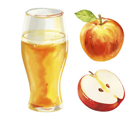 Watercolor hand painted summer aperitif apple cider glass simple sketch illustration on white background. DIY elements for bar menu, social media, ads and posters