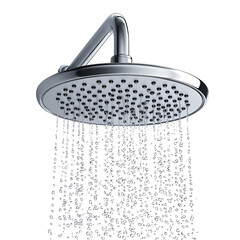 Chrome shower head water flowing down black background