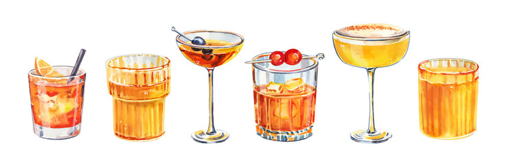 Set of watercolor hand painted summer aperitif cocktails glass simple sketch illustration on white background. DIY elements for bar menu, social media, ads and posters