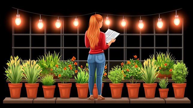 Woman Reviewing Papers in a Night Garden with String Lights