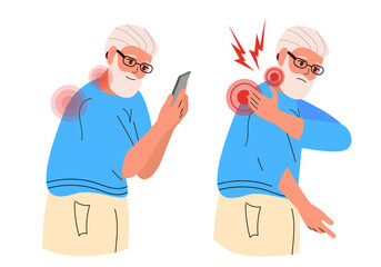 Old man holds phone. Bad wrong incorrect posture for holding PHONE. Wrong back, neck of Old man, elderly person. Vector illustration.