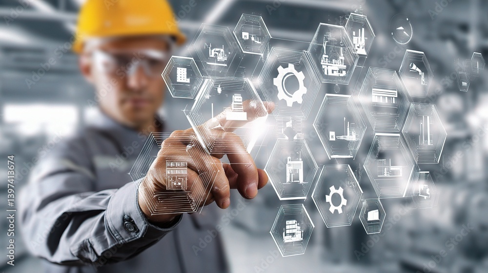 Poster industrial engineer interacting with digital interface in factory