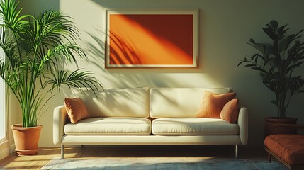 minimalist living room with linen sofa modern lighting potted plant and decorative wall art prints in cozy neutral home interior design