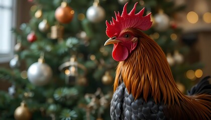 A regal rooster, a symbol of new beginnings, stands proudly before a softly glowing Christmas tree, bathed in warm, festive light.