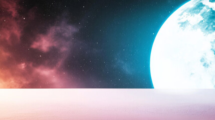 stunning cosmic landscape featuring vibrant nebula with shades of pink and purple, contrasted by bright, large moon illuminating scene. vastness of space is filled with stars, creating sense