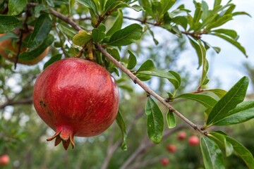 Ripe pomegranate fruit on tree branch