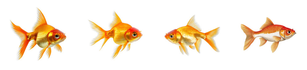 Four goldfish swimming in a row with different fin types, cut out - stock png