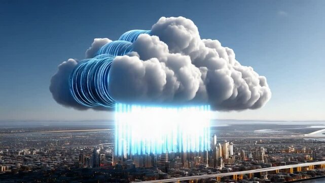 Cloud Computing Data Storage: A captivating visual that merges the ethereal beauty of clouds with the tangible structure of a city.